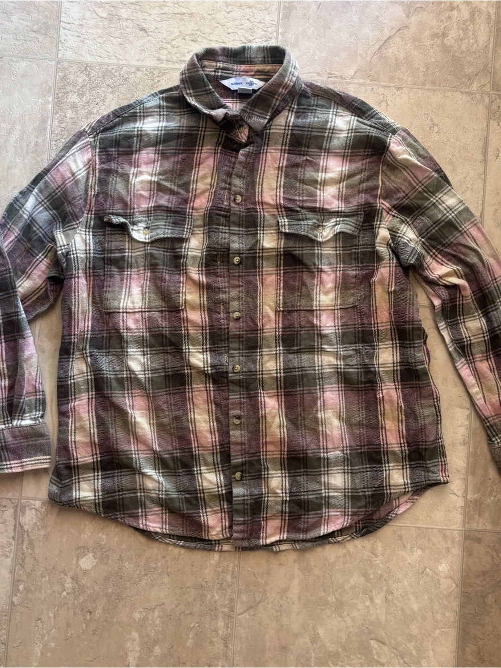 Classic Plaid Old Navy Flannel Shirt - Pink & Green
